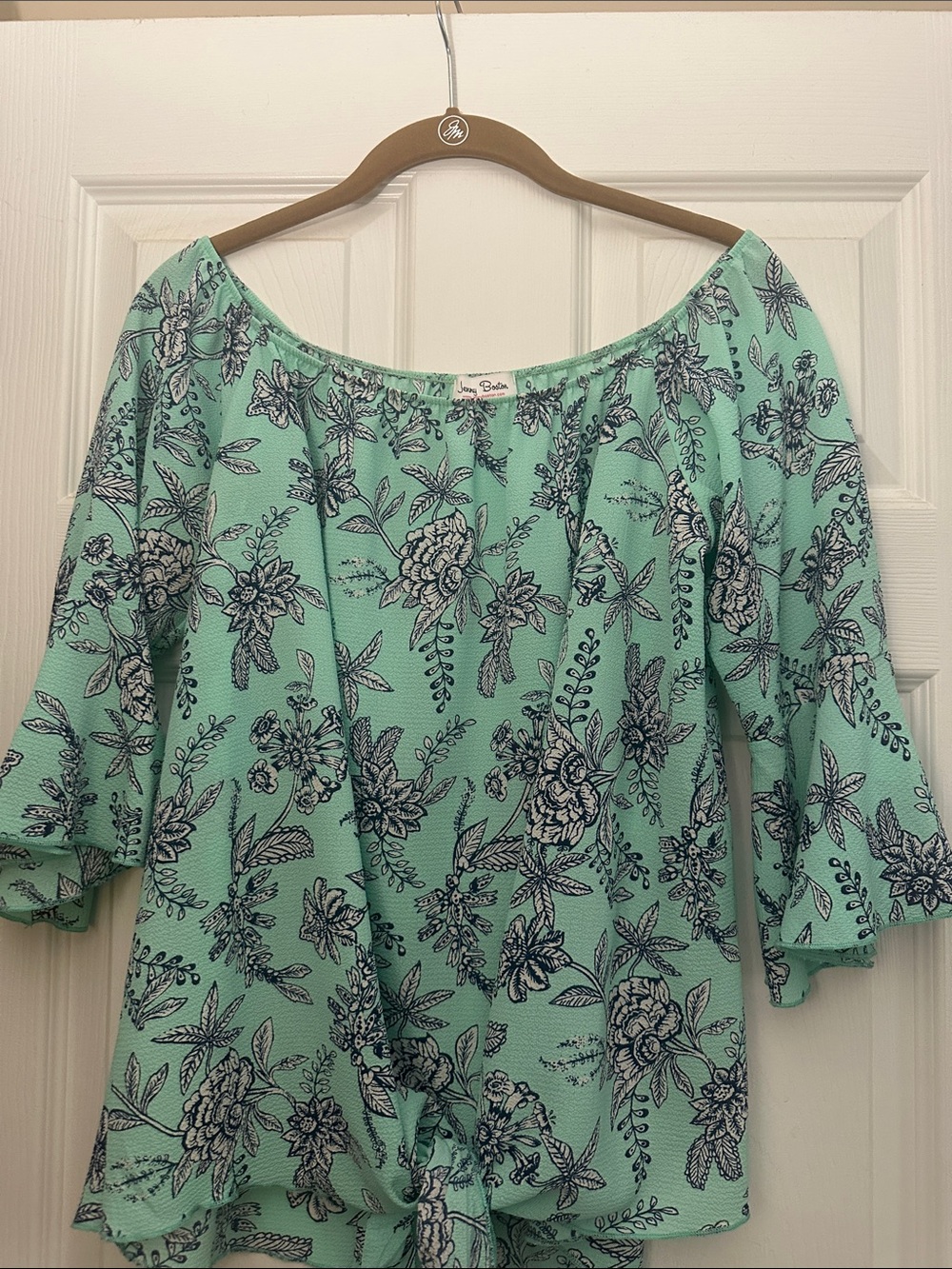 Off-Shoulder Seafoam Green Floral Blouse with Ruffle Sleeves